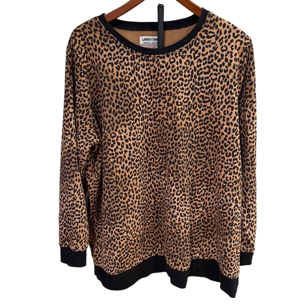 Lands End Serious Sweats Leopard Print Sweatshirt WMN 1X 16W-18W Crewneck Brown